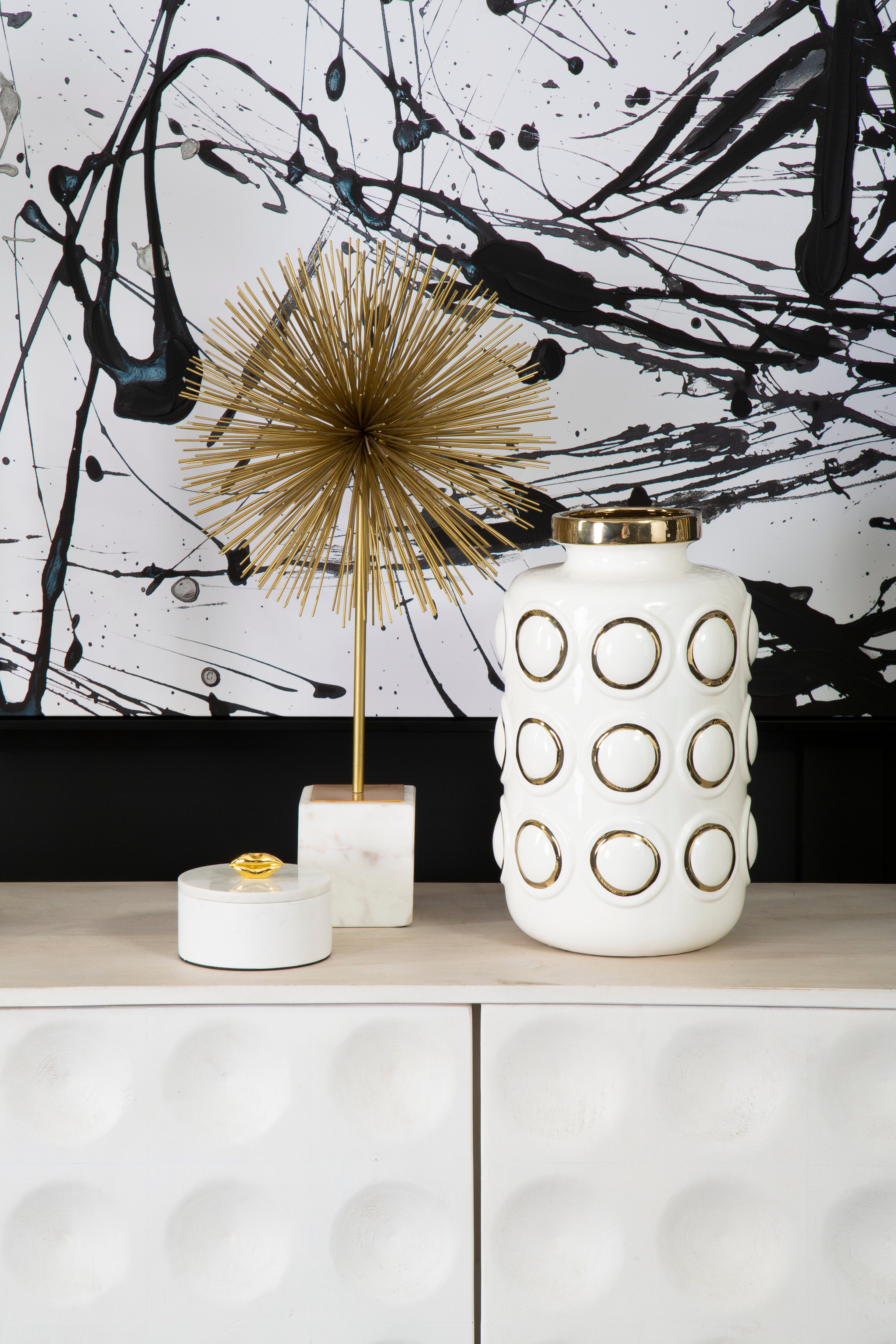 Torello White & Gold Embossed Rings Ceramic Vase | Large